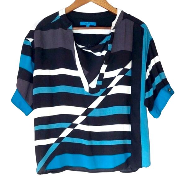 Derek Lam for Design Nation Abstract Geometric Teal & Black Striped Blouse Sz L - Picture 8 of 11